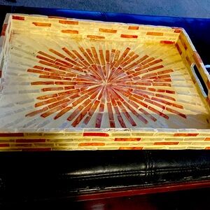 Serving tray made of tiles in burnt orange and greys and gold